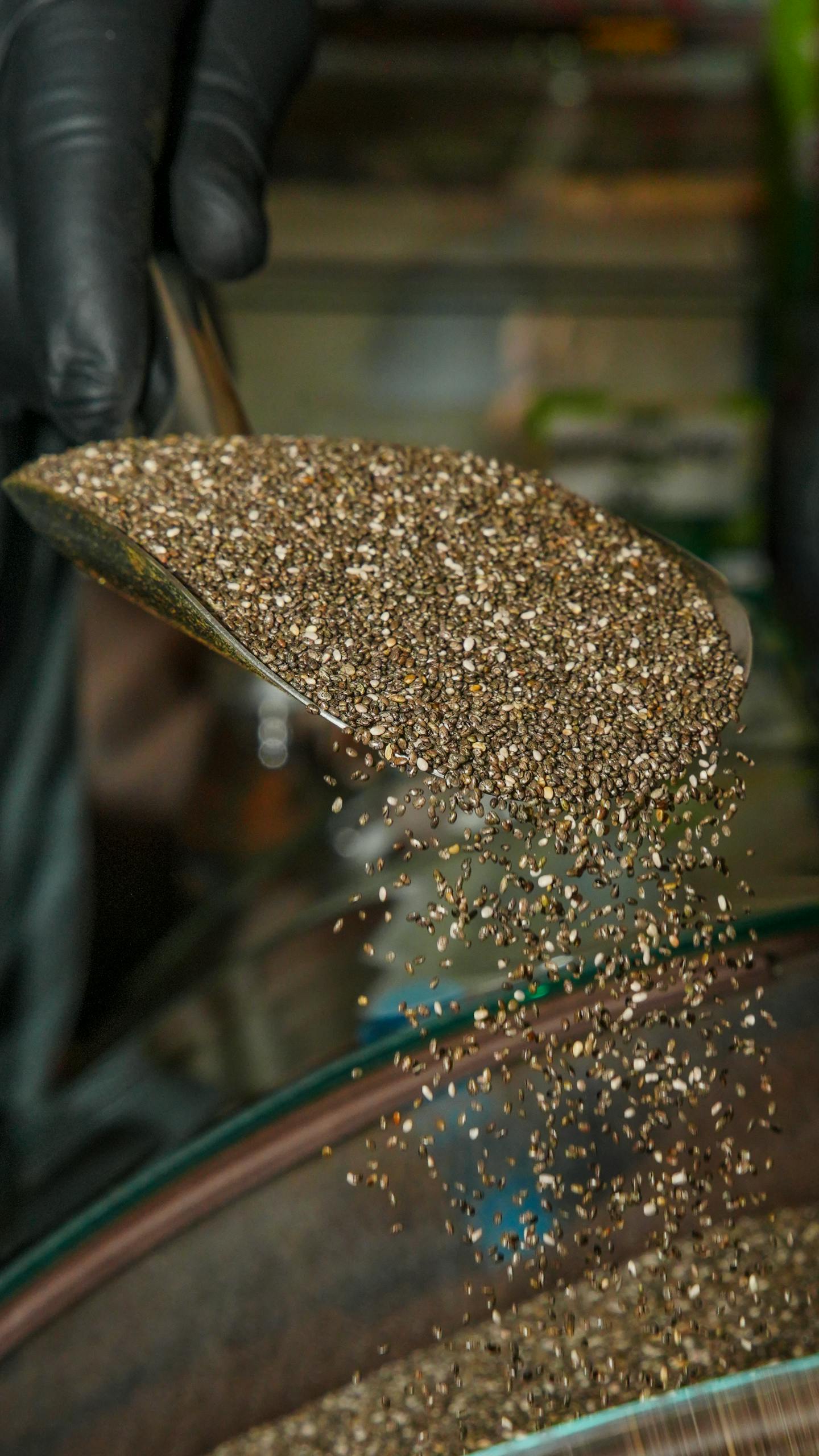 Close-up of flaxseeds being poured from a metal scoop, perfect for health and culinary content.